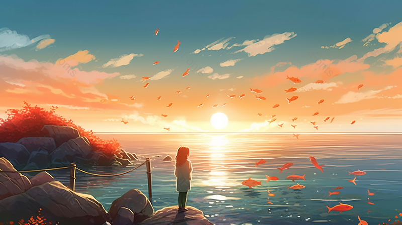 小女孩站在蓝天白云海滩日出日落插画背景图蓝色手绘图,插画/手绘图,插画/手绘图库,插画/手绘图下载,插画/手绘